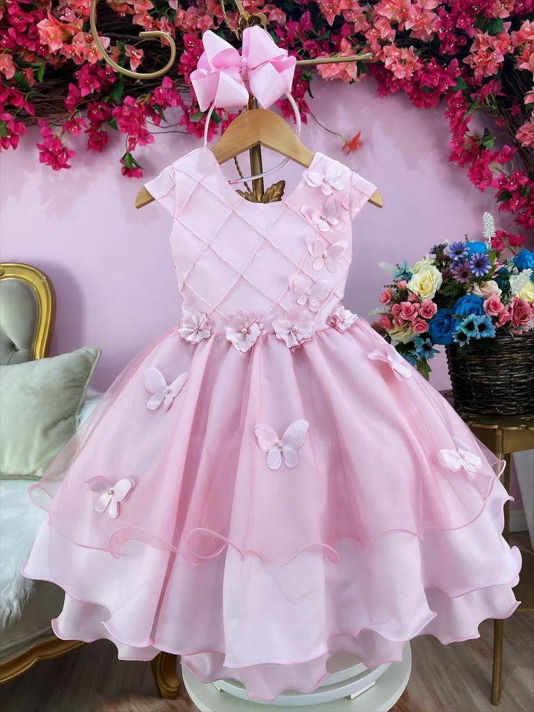 Vestido Infantil Princesa Cinderela / Frozen com Aplique de Flores