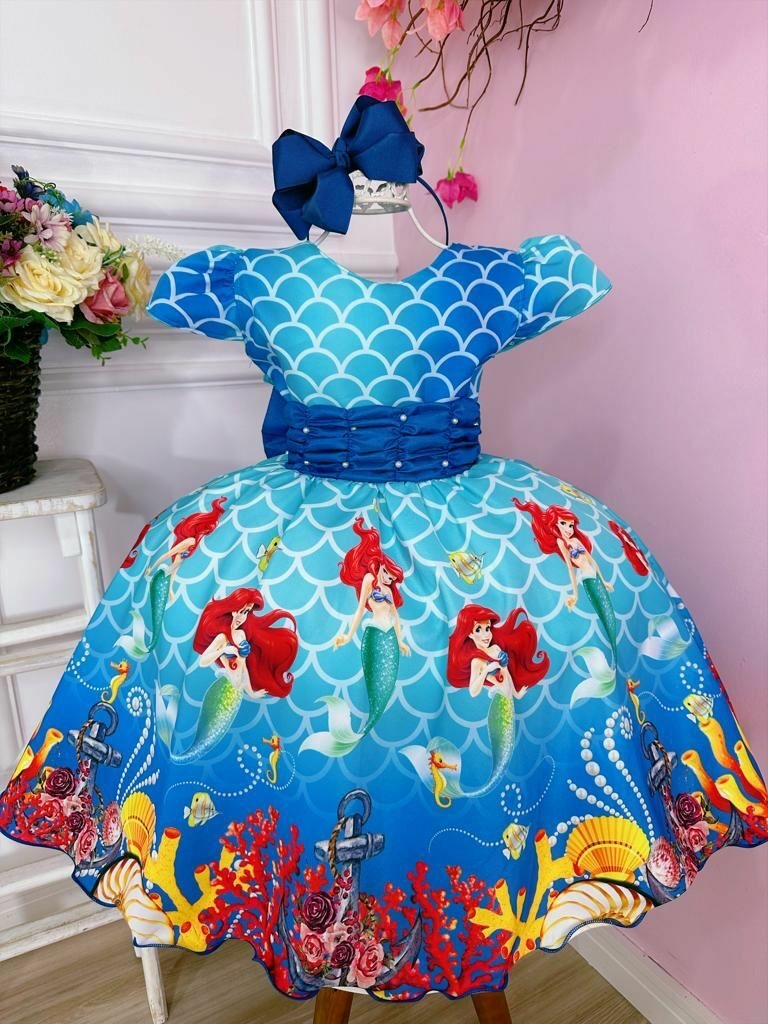 Vestido Infantil Fantasia Sereia Ariel Fundo Do Mar + Tiara