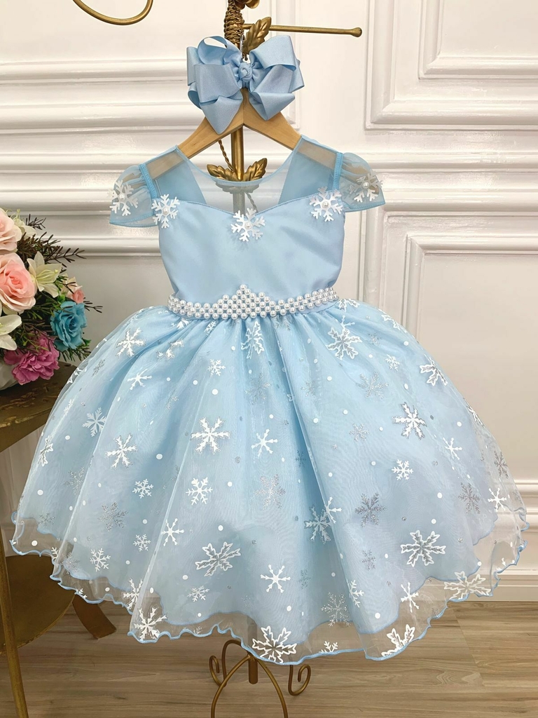 Vestido Infantil Frozen Princesas Com Cinto de Pérolas