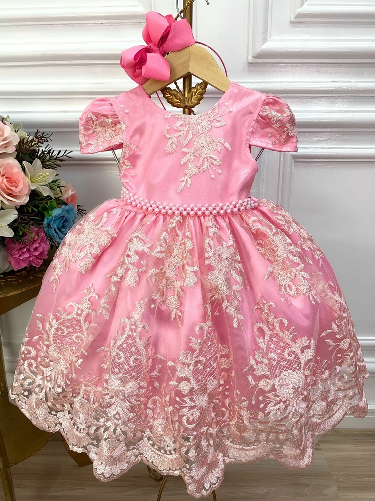 Vestido Infantil Moana Baby Rosa Azul Cinto Pérolas Luxo - Rosa