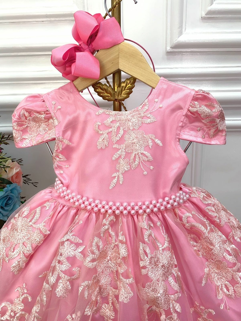 Vestido Infantil Azul C/ Renda Cinto Pérolas Strass Princesa