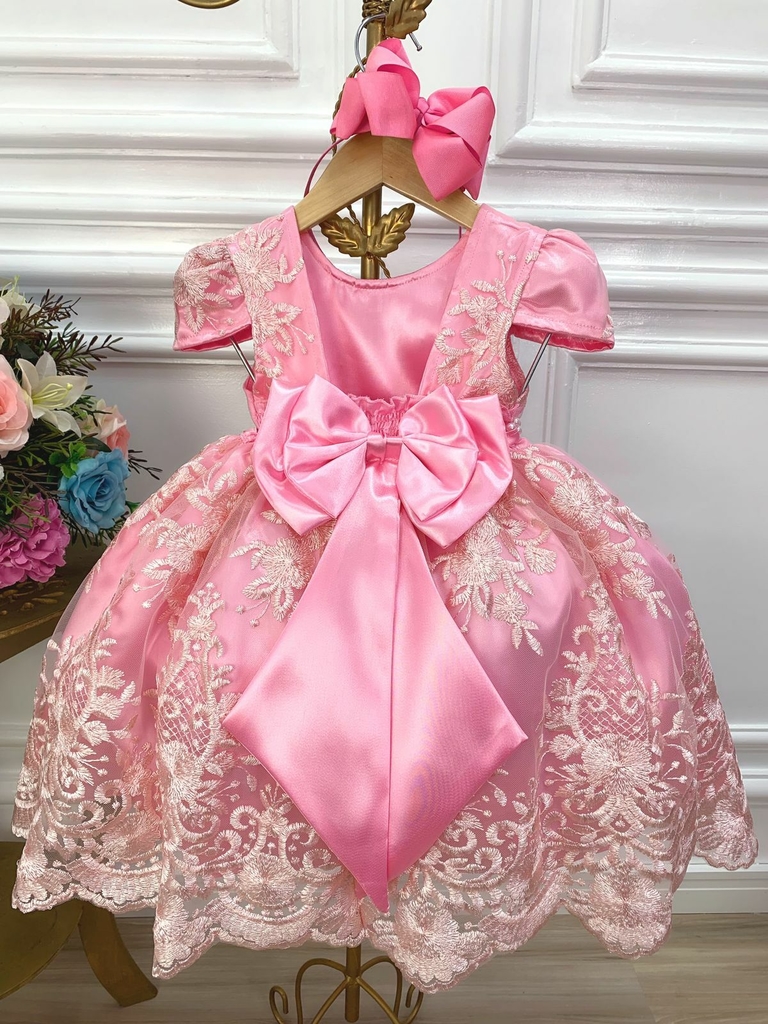 Vestido Infantil Moana Baby Luxo Princesas Renda e Pérolas - Rosa