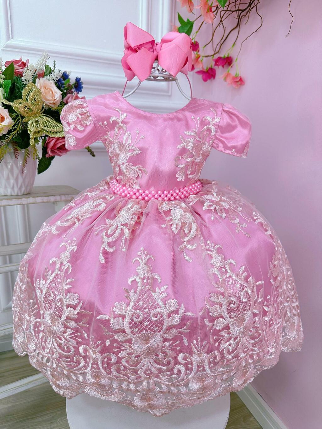 Vestido de renda infantil rosa 2025