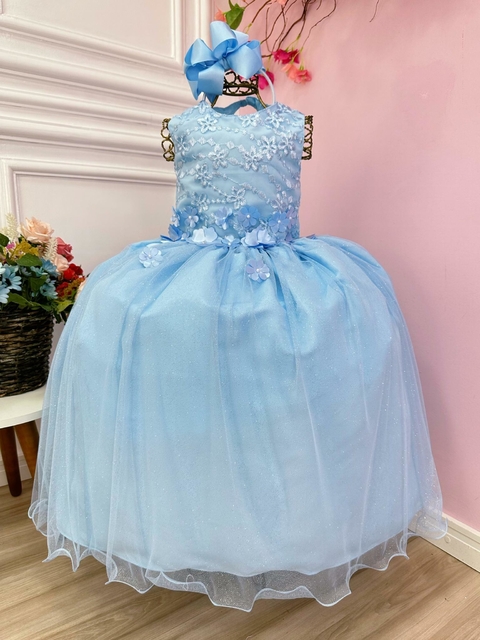 Vestido Infantil Azul Bebê C/ Renda e Apliques Pérolas Damas