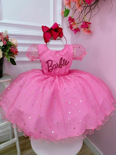 VESTIDO INFANTIL PRINCESA FESTA DA BARBIE PINK PEITO GLITTER