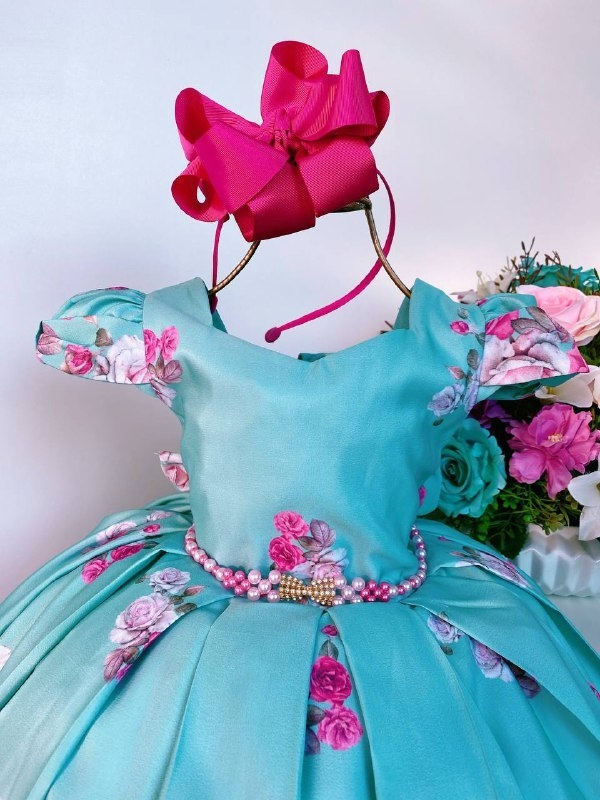 Vestido Infantil Princesa Cinderela / Frozen com Aplique de Flores