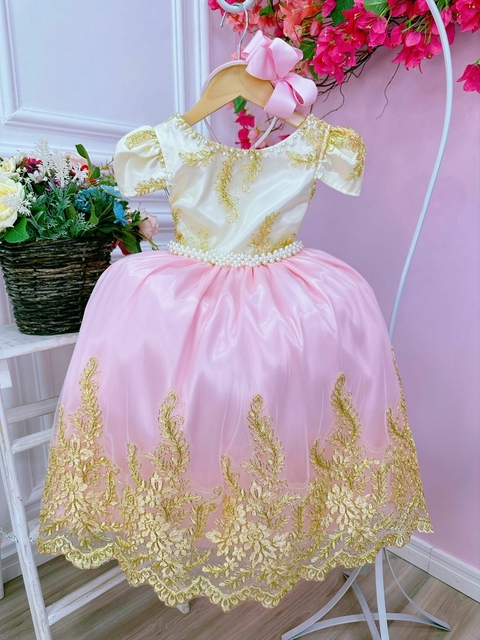 Vestido Bebê Rosa Pérolas Princesa Menina Bonita, Casamento