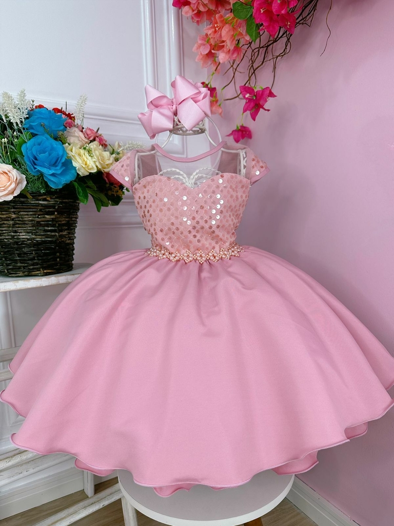 Vestido Barbie Branco e Rosa Tule Luxo Menina Infantil