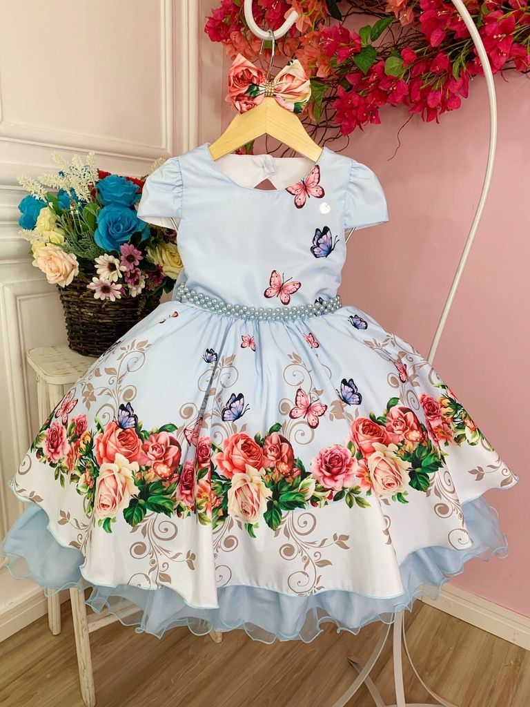 Vestido Infantil Azul Bebê Jardim das Borboletas C/ Laço