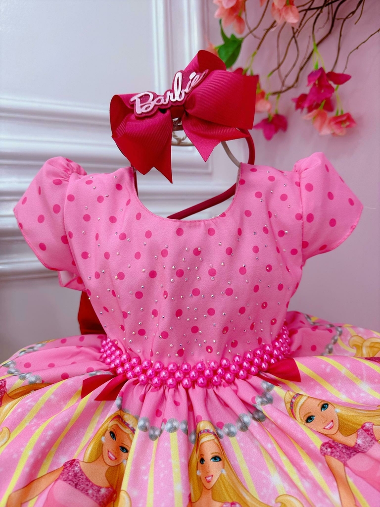 VESTIDO INFANTIL PRINCESA FESTA DA BARBIE PINK PEITO GLITTER