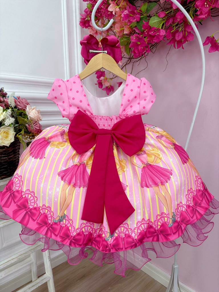 Vestido Infantil Rosa Barbie Peito Strass Glitter Luxo