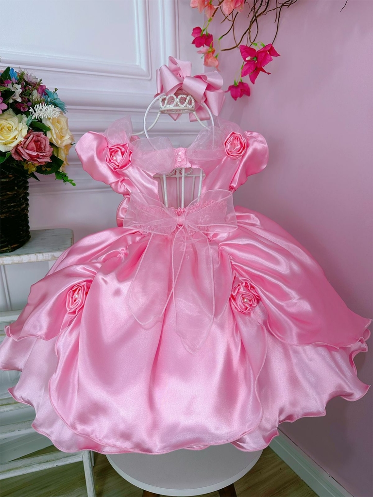 Vestido Infantil Princesa Aurora Com Aplique de Flores