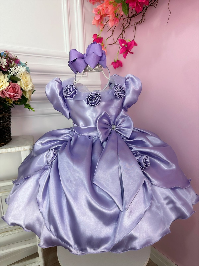 Vestido Infantil Princesa Sofia com Saiote e Luvinha Luxo - Lilás