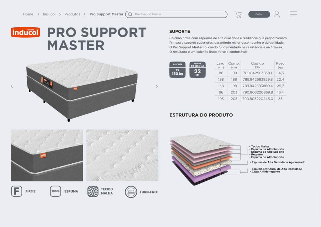 Colchão 100% Espuma Inducol Pro Support Master Solteiro 0,88x1,88x0,22 (Suporte 150Kg) - comprar online