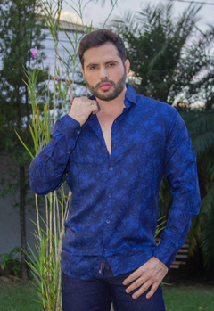 Camisa Social ML Masculina EC Company Dubai Azul C Flor Azul - loja online