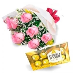 BUQUÊ COM 6 ROSAS COR DE ROSA E FERRERO ROCHER