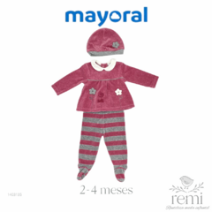 Conjunto 3 piezas sudadera, polaina y gorrito rosas con gris 2-4 meses Mayoral