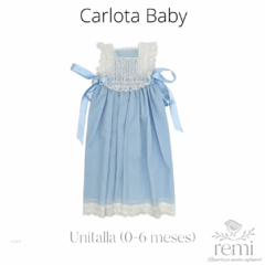 Faldón largo azul con puntos blancos y detalle blanco en pecho Unitalla (0-6 meses aprox) Carlota Baby