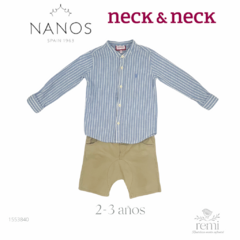 Conjunto short khaki con camisa azul líneas blancas 2-3 años Neck & Neck + Nanos