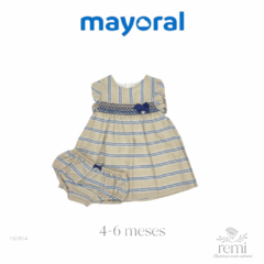 Vestido acabado lino beige con líneas azules incluye cubre pañal 4-6 meses Mayoral