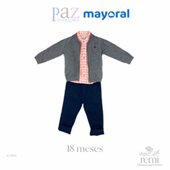 Conjunto 3 piezas camisa coral, pantalón azul y suéter gris 18 meses Paz Rodríguez +Mayoral en internet