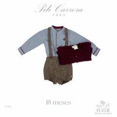 Conjunto 3 piezas camisa, suéter lana color vino y peto a juego 18 meses Pili Carrera