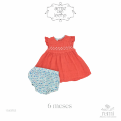 Vestido coral con cubre pañal flores azules 6 meses Arroz con leche