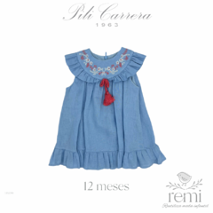 Vestido de lino azul con flores en cuello 12 meses Pili Carrera