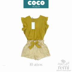 Conjunto 2 piezas blusa color amarillo mostaza y short líneas 10 años Coco Acqua