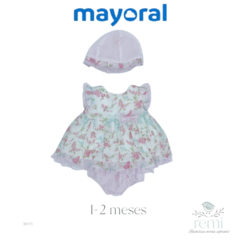 Vestido con flores rosas con cubrepañal y capota rosa 1-2 meses Mayoral