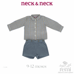 Conjunto camisa cuadros amarillo mostaza y azul con short azul deslavado 9-12 meses Neck & Neck