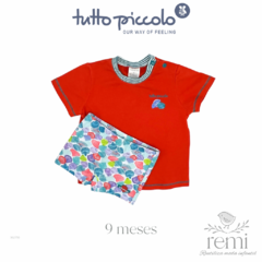 Conjunto 2 piezas camisa naranja y traje de baño corto conchas 9 meses Tutto Piccolo