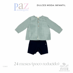 Conjunto short azul marino con camisa cuadros verdes y blancos 24 meses (poco reducido) Paz Rodríguez y Dulces