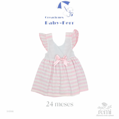 Vestido líneas rosas y blancas con plumeti blanco y moños rosas 24 meses Baby Ferr