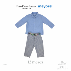 Conjunto camisa azul y pantalón líneas azul y blanco con cinturón 12 meses Polo Ralph Lauren + Mayoral