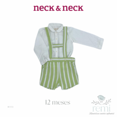 Conjunto 2 piezas peto verde con líneas blancas y camisa blanca 12 meses Neck & Neck