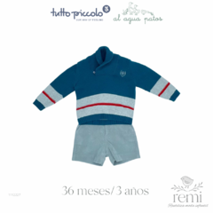 Conjunto suéter azul con franja gris y rojo con short gris de micro pana 36 meses Tutto Piccolo y Al Agua Patos