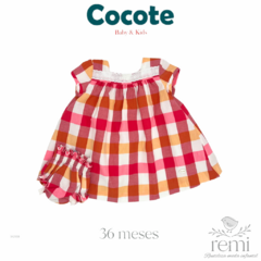 Vestido cuadros amarillos, blancos y rojos con moños incluye cubre pañal 36 meses Cocote