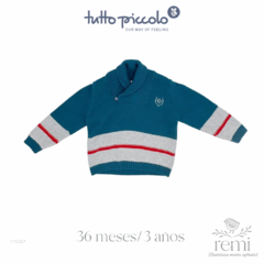 Conjunto suéter azul con franja gris y rojo con short gris de micro pana 36 meses Tutto Piccolo y Al Agua Patos - comprar en línea