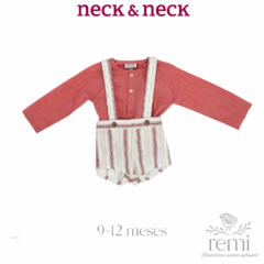 Conjunto 2 piezas peto blanco con líneas y camisa coral 9-12 meses Neck & Neck