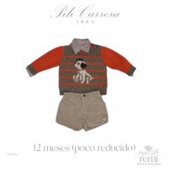 Conjunto 3 piezas suéter perrito, camisa cuadros cafés y short pana café 12 meses (poco reducido) Pili Carrera