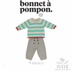 Conjunto 2 piezas suéter beige con líneas acqua y bordes coral con pantalón color taupe 9 meses Bonnet a Pompon