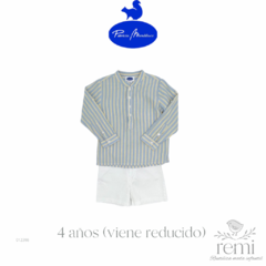 Conjunto camisa líneas azul claro y amarillas con short blanco 4 años (chico) Patricia Mendiluce