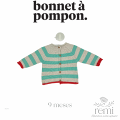 Conjunto 2 piezas suéter beige con líneas acqua y bordes coral con pantalón color taupe 9 meses Bonnet a Pompon - comprar en línea