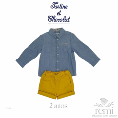 Conjunto camisa azul mezclilla con detalles de flores y short amarillo 2 años Tartine et Chocolat