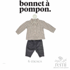Conjunto 2 piezas camisa líneas grises, blancas y rosas con pantalón pana a juego 6 meses Bonnet a Pompon