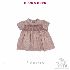 Vestido con smock estampado hojas blanco con rosa 3-6 meses Neck & Neck