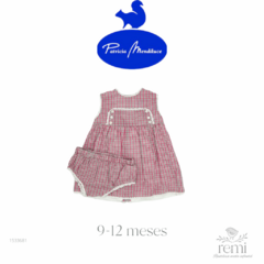 Vestido cuadritos rosas y grises con cubre pañal 9-12 meses Patricia Mendiluce