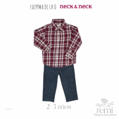 Conjunto pantalón azul micro pana y dos camisas, cuadros vino y cuadros azul 2-3 años Neck & Neck y Paloma de la O - comprar en línea