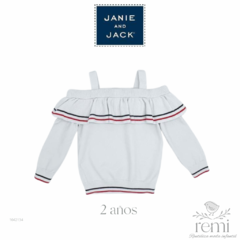 Suéter blanco con detalles azul y rojo, tirantes tipo strapless 2 años Janie and Jack